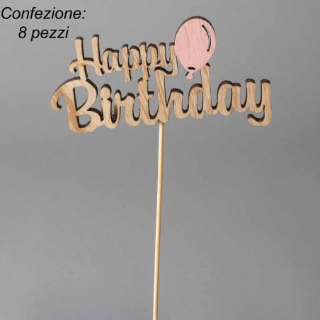 Scritta "Happy birthday" in pick - 8 Pezzi - Naturale/rosa