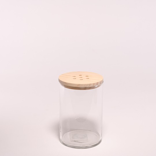 Vaso in vetro con tappo in legno traforato – H 15,8 CM