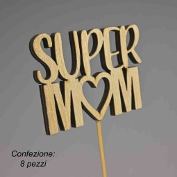 Pick in legno "Super Mom" 8 Pezzi - 26 Cm / Naturale