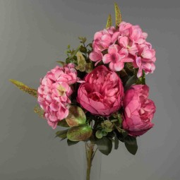 Peonie ed Ortensie in mazzo frontale - 46 cm in vari colori - Fucsia