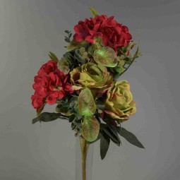 Rose ed Ortensie in mazzo - 46 Cm in vari color - Rosso/verde