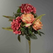 Rose ed Ortensie in mazzo frontale - 46 cm in vari colori - Salmone