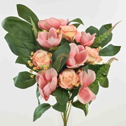 Magnolie e rose in mazzo frontale da 50 cm. vari colori - Crema