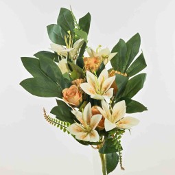 Gigli e rose in mazzo frontale altezza 50 cm in vari colori  - Pesca